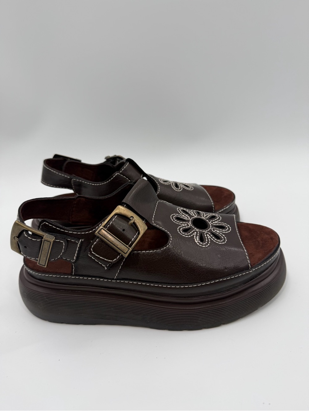 Brown Faux Leather Floral Cut Out Flatform Fisherman Sandals - Picture 2 of 6